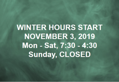 Winter Hours Start Nov 3, 2019